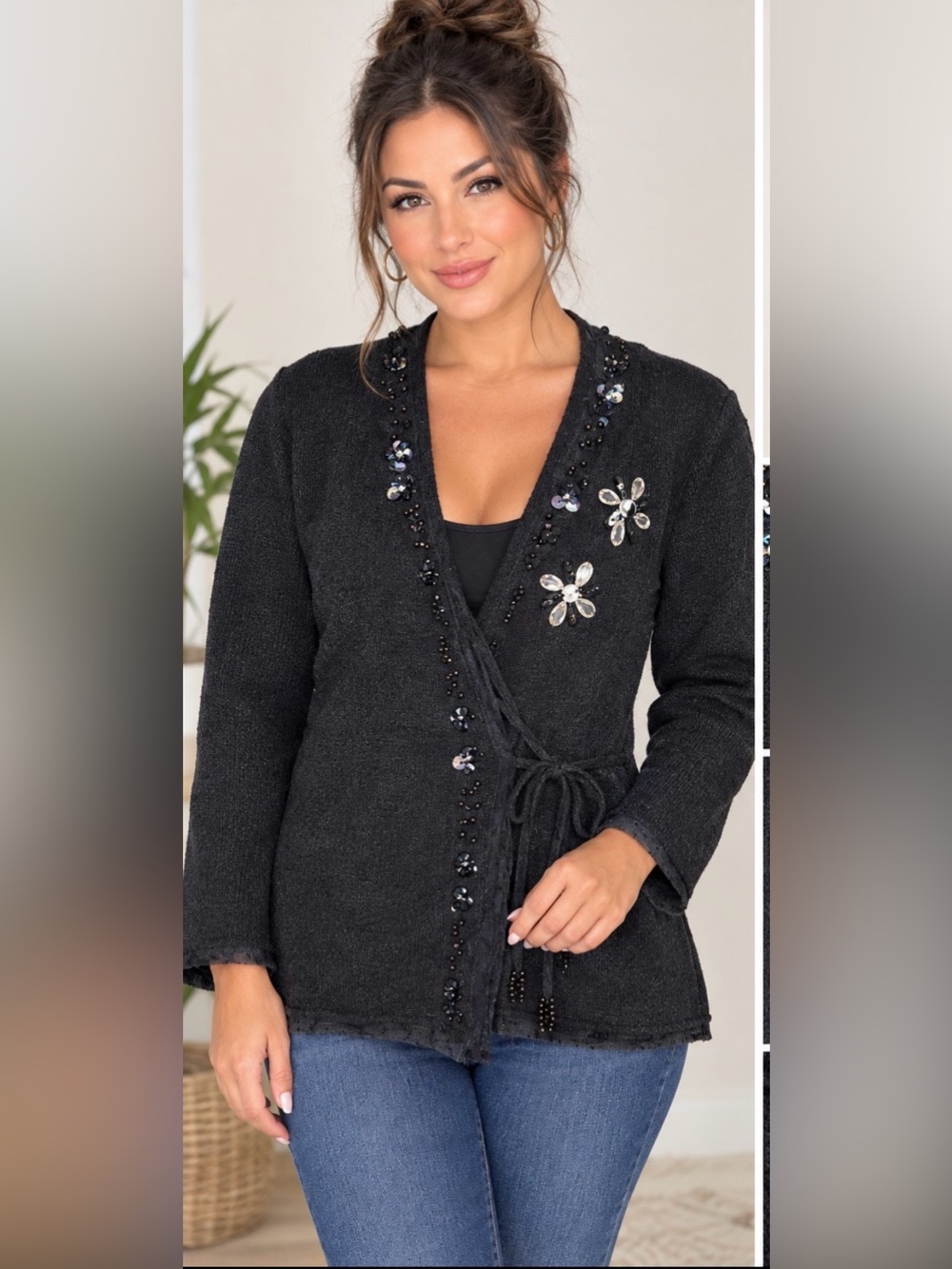 Storybook Knits Cardigan Sweater Wrap Beaded Black Embellished Size Medium